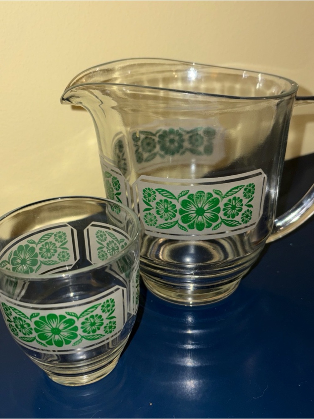 Glass Pitcher with 3 Green Floral Band glasses.  Vintage